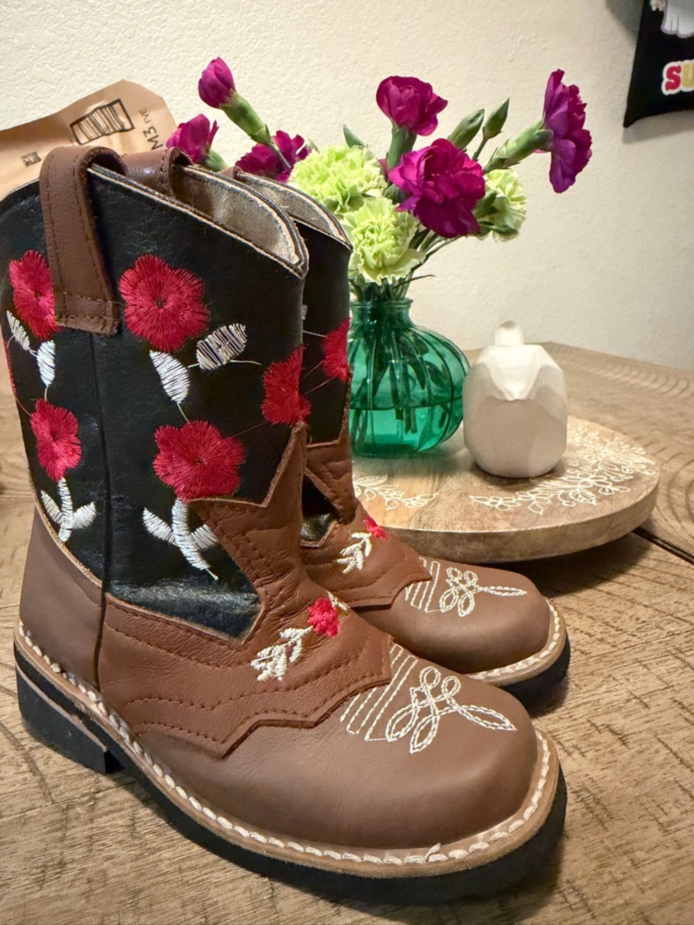 MEXICANA Brown & Black Kids Floral Embroidered Western Boots